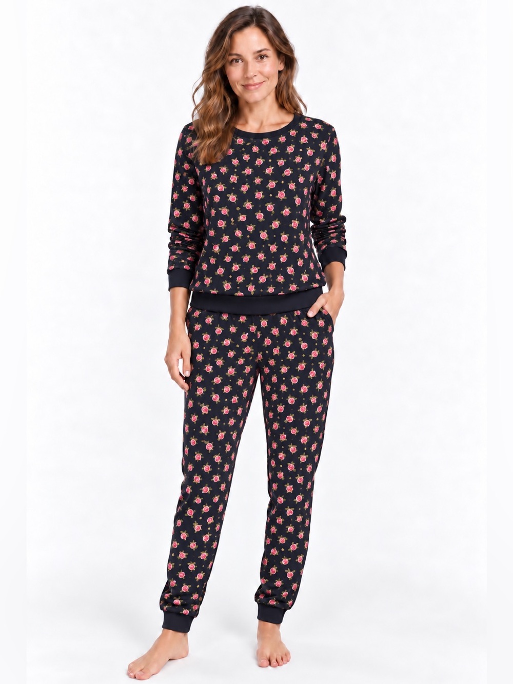 Kate Spade women's comfy 2 pc roses pajamas with pockets black pink size XS/S